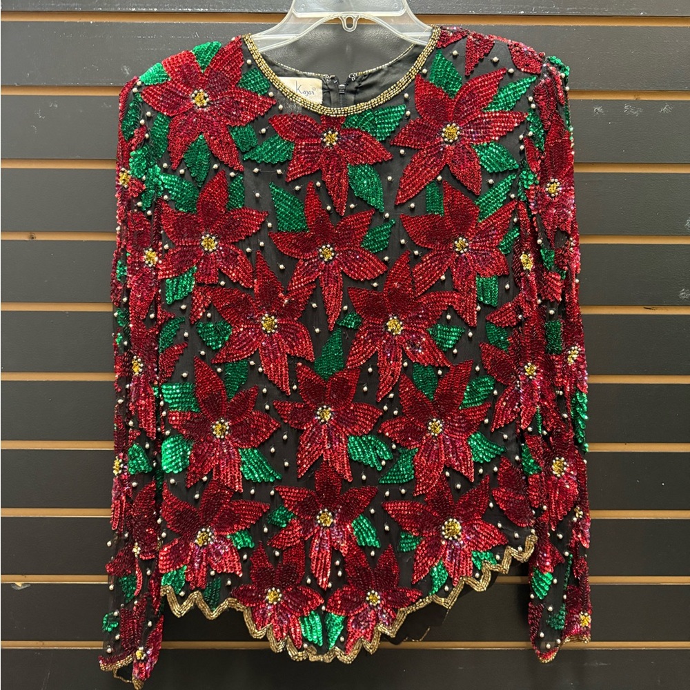 Vintage Laurence Kazar Silk Beaded Sequins Poinsettia Christmas Top Red Black